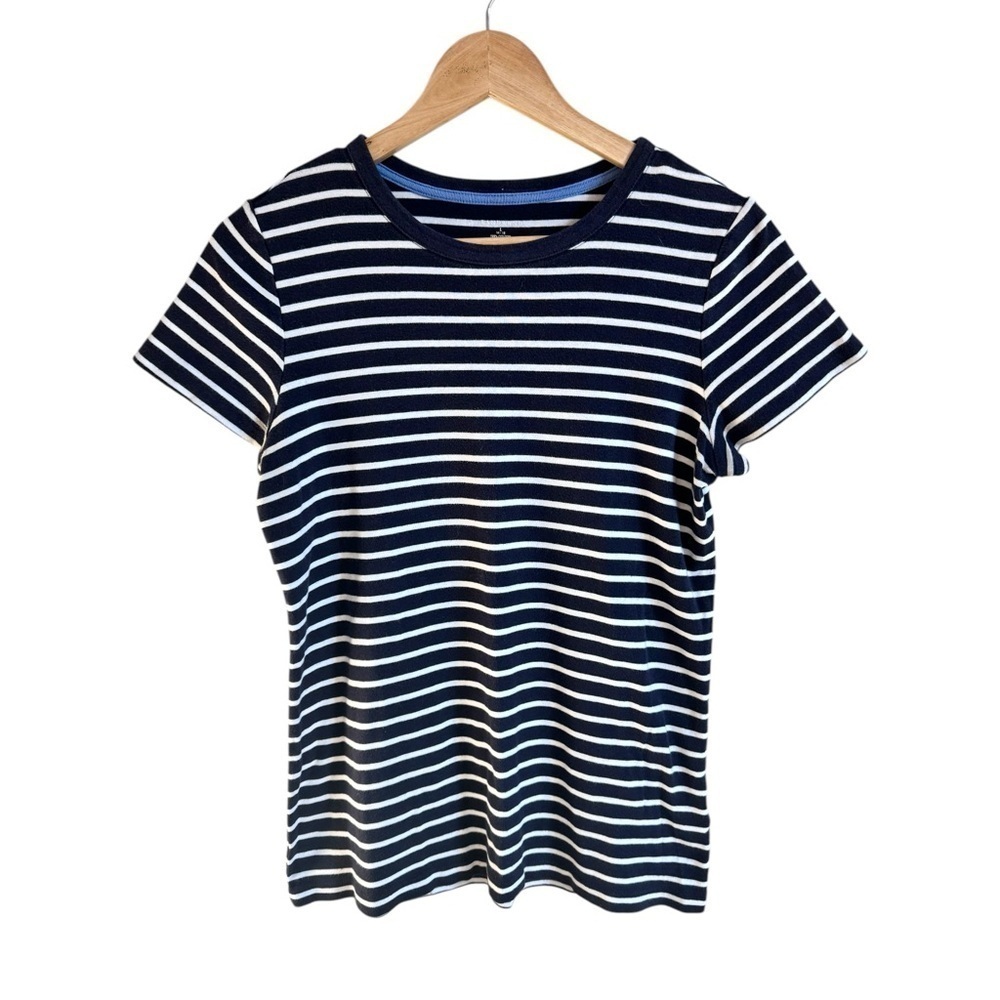 Lands End Navy Blue Stripe Short Cap Sleeve Round Neck Womens Size L T Shirt